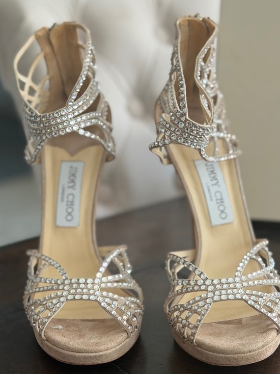 Jimmy Choo Shoes - Jimmy Choo Diva Crystal Cage Sandals Sand Suede Heels Size 39 8.5